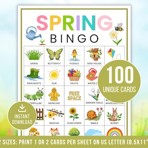 Puede incluir: Una colorida tarjeta de juego de Bingo de Primavera con ilustraciones de elementos temáticos de primavera como una mariposa, botas de lluvia y un conejo. La tarjeta incluye el texto "SPRING BINGO" y "100 UNIQUE CARDS". Diseñada para imprimir en papel tamaño US Letter.