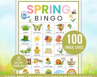 Lentebingospel, 100 lentebingokaarten, lentefeestspel, afdrukbare lenteactiviteit, lentespel, lentebingospel, paasbingospel