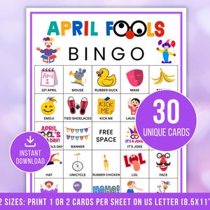 以下が含まれることがあります： 紫色の枠線が付いた、カラフルなエイプリルフールビンゴゲームカード。カードにはイラストと「April Fools Bingo」の文字が描かれています。30枚のユニークなカードが含まれており、インスタントダウンロードで利用できます。