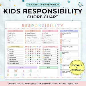 Verantwortungsaufgaben für Kinder, bearbeitbarer täglicher Wochenplan für Kinder, druckbare Liste für die Kinderarbeit, Checkliste für die tägliche Routine, PDF