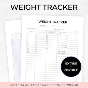 Weight Tracker Printable, Weight Loss Tracker PDF, Weight Loss Planner, Diet tracker, Journal Weight Goal Weight Record, A4 Letter A5 Size
