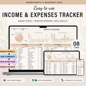 以下が含まれることがあります： ラップトップ、タブレット、電話に表示されるデジタル収入と支出トラッカー。スプレッドシートには、月ごとの概要、グラフ、データテーブルが表示されます。「Easy to use INCOME & EXPENSES TRACKER」というテキストが含まれています。