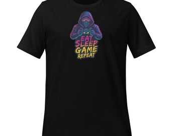 Unisex gamer T-shirt – “Eat Sleep Game Repeat”, neon hooded player cyberpunk style. Gift gaming / video games / geek.