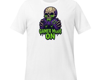 Unisex gamer T-shirt – skull controller, “GAMER MODE ON”. Gift gaming / video games.