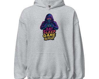 Unisex gamer hoodie – “Eat Sleep Game Repeat”, neon hooded player cyberpunk style. Gift gaming / video games / geek.