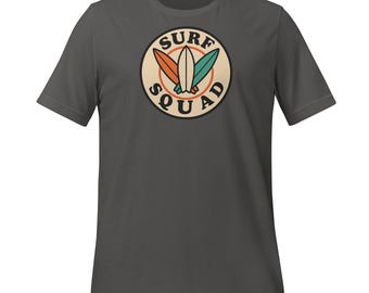 Unisex surf T-shirt – “Surf Squad” badge, retro boards. Gift surfer.