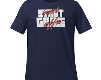 Unisex gamer T-shirt – coffee slogan “ START GAME insert coffee”, retro type. Gift gaming / video game / coffee addict