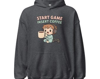 Unisex gamer hoodie – “Start Game Insert Coffee”, kawaii cozy style. Gift gaming / video games / coffee addict