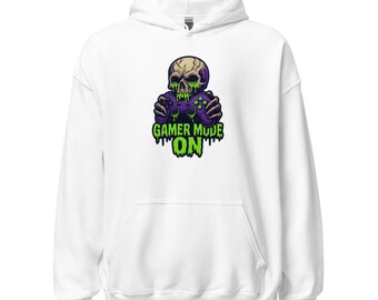 Unisex gamer hoodie – skull controller, “GAMER MODE ON”. Gift gaming / video games.