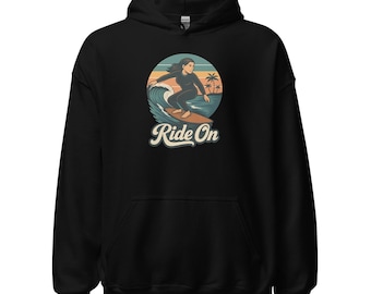 Unisex surf hoodie – “Ride On” vintage surfer girl. Gift surfer.