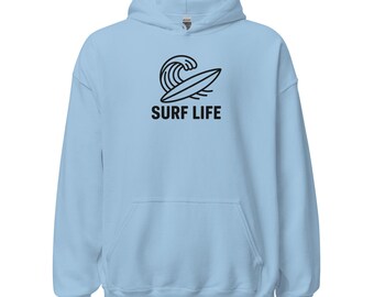 Unisex Surf Life Hoodie – minimalist wave & board graphic, cozy surfer sweatshirt. Gift surfer.