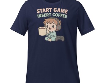 Unisex gamer T-shirt – “Start Game Insert Coffee”, cute kawaii style. Gift gaming / video games / coffee addict.