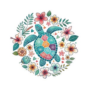 May include: A colorful illustration of a sea turtle surrounded by flowers and foliage. The turtle has a teal shell with a mosaic pattern of various colors. The flowers are in shades of pink, orange, and yellow, with green leaves and stems.