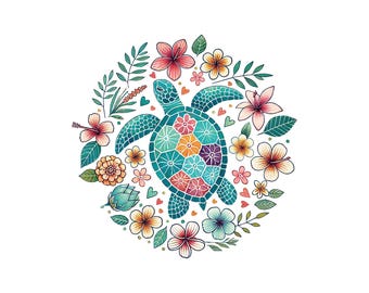 Boho floral tortue de mer PNG, coup de pinceau estival, motifs nautiques par sublimation, pêcheur esthétique png, plage png, tortue png