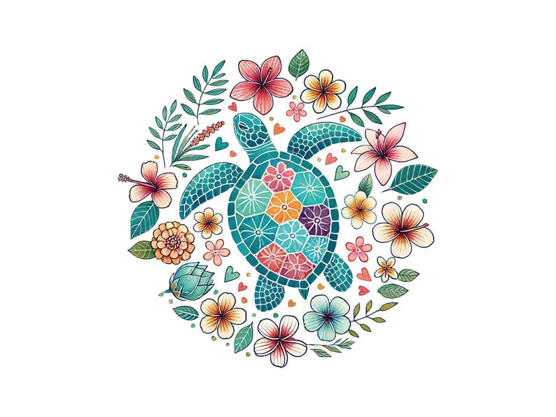 May include: A colorful illustration of a sea turtle surrounded by flowers and foliage. The turtle has a teal shell with a mosaic pattern of various colors. The flowers are in shades of pink, orange, and yellow, with green leaves and stems.