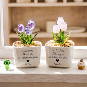 Personalized Hand Blown Glass Tulip Flower Pot, Thank You Gifts for Teacher Glass, Forever Keepsake, Floral Desk Decor