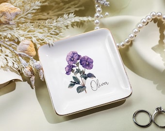 Personalisierte Schmuckschale mit Geburtsblume, Verlobungsringschale mit Aquarellblume, Schmuckschale mit Geburtsblume, Geschenk für Brautjungfern
