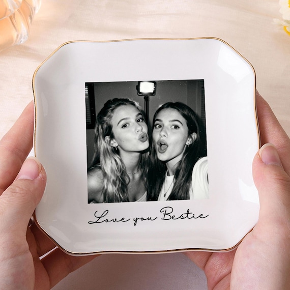 Personalized Bestie Photo Jewelry Dish, Ceramic Ring Dish, Trinket Tray for Best Friend, Bridesmaid Gifts