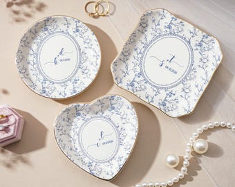 Plato para anillos personalizado, plato para joyas Toile De Jouy, regalo para parejas, regalo de boda para la novia, regalo de compromiso, primer aniversario