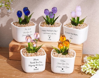 Personalized Glass Tulip Flower Pot, Mother's Day Gift, Hand Blown Flower Pot, Forever Flower Keepsake, Gift for Mom, Floral Desk Decor