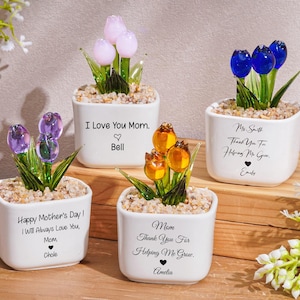 Personalized Glass Tulip Flower Pot, Mother's Day Gift, Hand Blown Flower Pot, Forever Flower Keepsake, Gift for Mom, Floral Desk Decor
