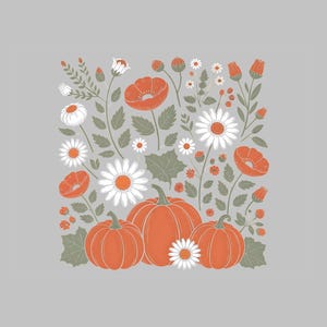 Puede incluir: Ilustración con temática otoñal que presenta tres calabazas naranjas y varias flores, incluyendo margaritas y amapolas, sobre un fondo gris. Las flores son blancas y naranjas con tallos y hojas verdes. El diseño evoca un tema de temporada de cosecha.