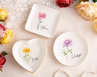 Personalisierte Schmuckschale mit Geburtsblume, Ringschale mit Aquarellblume, Schmuckschale zum Geburtstag, Geschenk für Brautjungfern