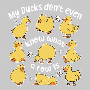 May include: A grey background with cartoon ducks in yellow. The text reads "My Ducks don't even know what a row is". The ducks are in different poses, with small white flowers and stars scattered around them. A fun, lighthearted design.