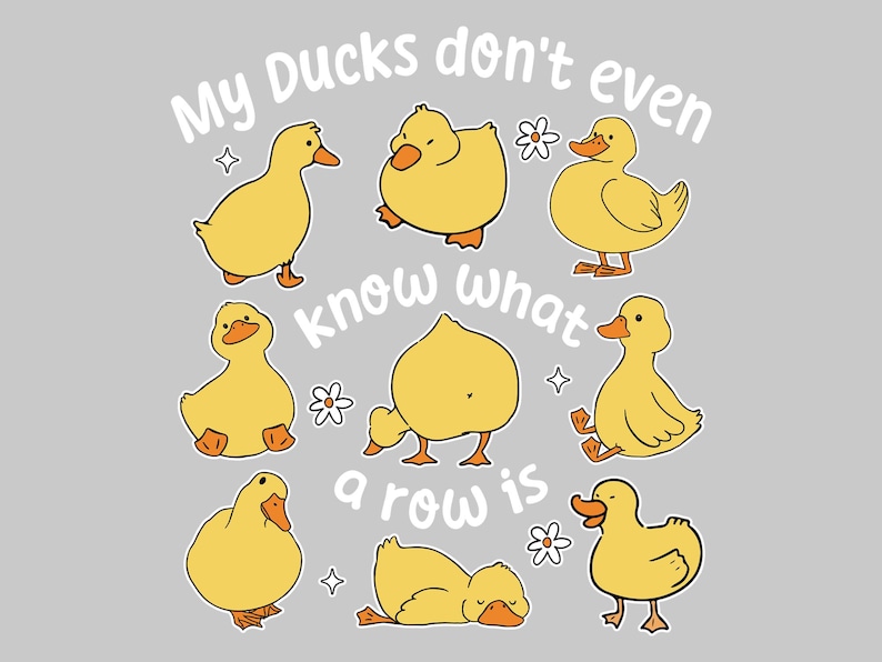 May include: A grey background with cartoon ducks in yellow. The text reads "My Ducks don't even know what a row is". The ducks are in different poses, with small white flowers and stars scattered around them. A fun, lighthearted design.