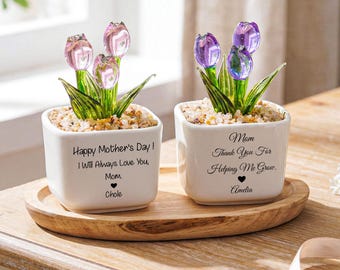 名入れ可能なガラス製チューリップ植木鉢、母の日ギフト、手吹きガラス製植木鉢、永遠の花の記念品、お母さんへの贈り物、花柄のデスクデコレーション