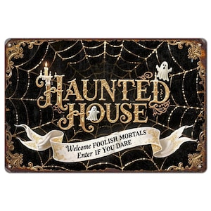 Haunted House Halloween Metal Sign: Gothic Spider Web Decor