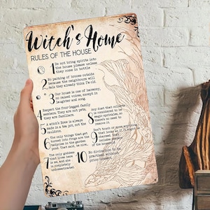 Vintage Witch&#39;s Home Rules Metal Sign: Halloween Decor