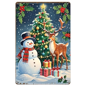 Vintage Christmas Metal Tin Sign: Snowman, Deer, and Tree Farmhouse Decor