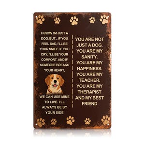 Letrero metálico con frase sobre perros: "Eres mi terapeuta de la felicidad y la cordura, mi mejor amigo". Decoración rústica para pared, ideal para amantes de los perros.