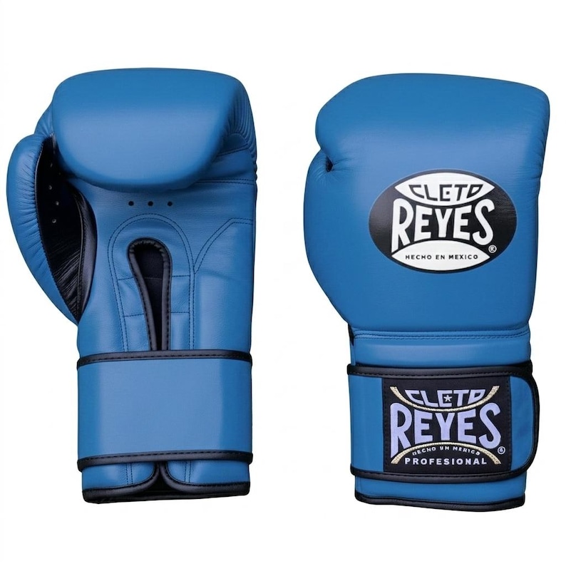 A pair of blue Cleto Reyes professional boxing gloves featuring a hook-and-loop closure, black inner thumb, and iconic branding.