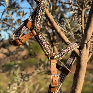 Può includere: Un'imbracatura per cani fatta a mano con un design intrecciato nei toni del marrone, verde e bianco. L'imbracatura presenta cinturini in pelle e fibbie in metallo color oro. L'imbracatura è esposta su un ramo d'albero.