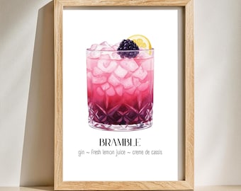 Przepis na gin Bramble | Minimalistyczna sztuka koktajlowa | Wystrój baru kuchennego (pobranie cyfrowe)