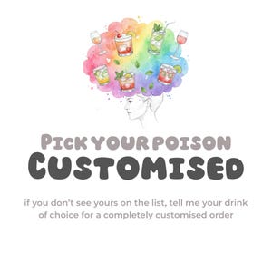 Może przedstawiać: Akwarelowa ilustracja przedstawiająca profil kobiety z kolorową chmurą koktajli i kieliszk&oacute;w do wina. Tekst brzmi "PICK YOUR POISON CUSTOMISED" z dodatkowym tekstem poniżej. Obraz przedstawia r&oacute;żne drinki.