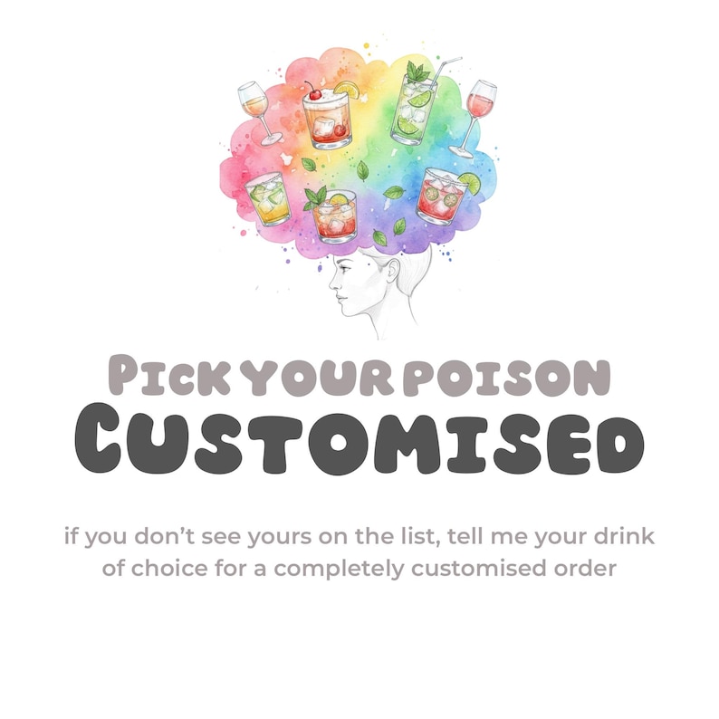Może przedstawiać: Akwarelowa ilustracja przedstawiająca profil kobiety z kolorową chmurą koktajli i kieliszk&oacute;w do wina. Tekst brzmi "PICK YOUR POISON CUSTOMISED" z dodatkowym tekstem poniżej. Obraz przedstawia r&oacute;żne drinki.