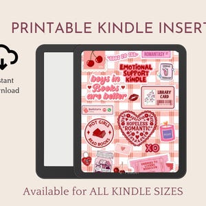 May include: A digital Kindle insert with a pink and white checkered background, adorned with stickers. The stickers feature cherries, hearts, and phrases like "Emotional Support Kindle" and "Hot Girls Read Books." Text at the top reads "Printable Kindle Insert."