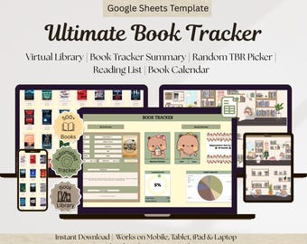 May include: A digital book tracker template displayed on multiple devices, including a laptop, tablet, and smartphone. The design features a virtual library, reading list, and book calendar. The text includes "Ultimate Book Tracker" and "Instant Download."