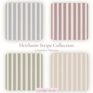 Peut inclure: Quatre motifs carrés avec des rayures verticales de différentes couleurs : bleu clair, rose, vert et beige. Le texte "Heirloom Stripe Collection" et "4 Seamless Patterns" sont affichés. Le logo Lowlight Studio est également visible.