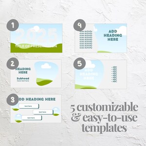 May include: Five customizable and easy-to-use presentation templates. Each template features a light blue sky background with green hills. Text includes "2025", "TITLE OF PRESENTATION", "HEADING HERE", and "Subhead more text here".