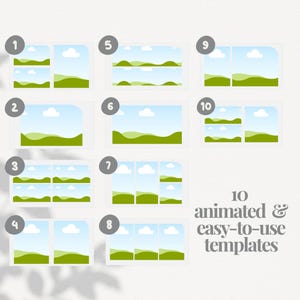 May include: A collection of ten animated and easy-to-use templates. Each template features a landscape scene with a blue sky, white clouds, and green hills. The templates are numbered 1 through 10.