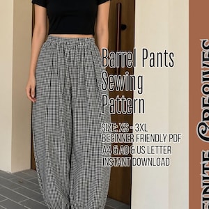 May include: Barrel pants sewing pattern in a black and white gingham check print. The text reads: Barrel Pants Sewing Pattern, SIZE: XS-3XL, BEGINNER FRIENDLY PDF, A4 & A0 & US LETTER, INSTANT DOWNLOAD, INFINITE CRE8IVES, BONUS: FREE APRON PATTERN.