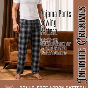 May include: A digital sewing pattern for pajama pants featuring a plaid pattern in shades of gray, black, and white. The text reads: Pajama Pants Sewing Pattern, SIZE: XS-3XL, BEGINNER FRIENDLY PDF, A4 & A0 & US LETTER, INSTANT DOWNLOAD, INFINITE CRE8IVES, BONUS: FREE APRON PATTERN.