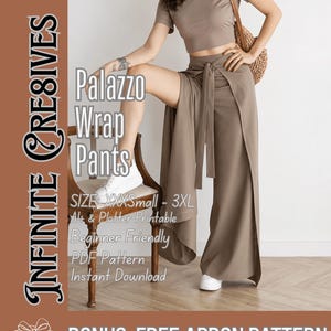 May include: A taupe-colored short-sleeved crop top and matching high-waisted palazzo wrap pants with a tie-front detail. The text on the image reads: INFINITE CRE8IVES, Palazzo Wrap Pants, SIZE: XXXSmall - 3XL, A4 & Plotter Printable, Beginner Friendly, PDF Pattern, Instant Download, BONUS: FREE APRON PATTERN.
