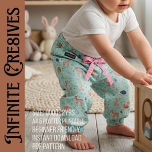 May include: A child wearing light blue pants with a woodland animal pattern and a pink bow. The pants are part of a PDF pattern for sizes 0000-2YRS. The text on the image says "INFINITE CRE8IVES".