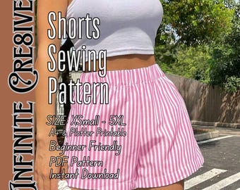 May include: A pair of pink and white vertical striped shorts with an elastic waistband. The image includes text: INFINITE CRE8IVES, Shorts Sewing Pattern, SIZE: XSmall - 5XL, A4 & Plotter Printable, Beginner Friendly, PDF Pattern, Instant Download, BONUS: FREE APRON PATTERN.