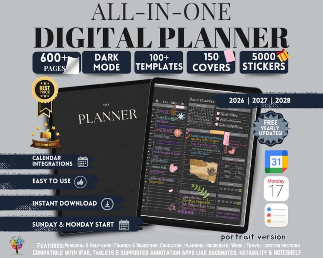 All-in-One Dark Mode Digital Planner (2026-2028), Goodnotes Template